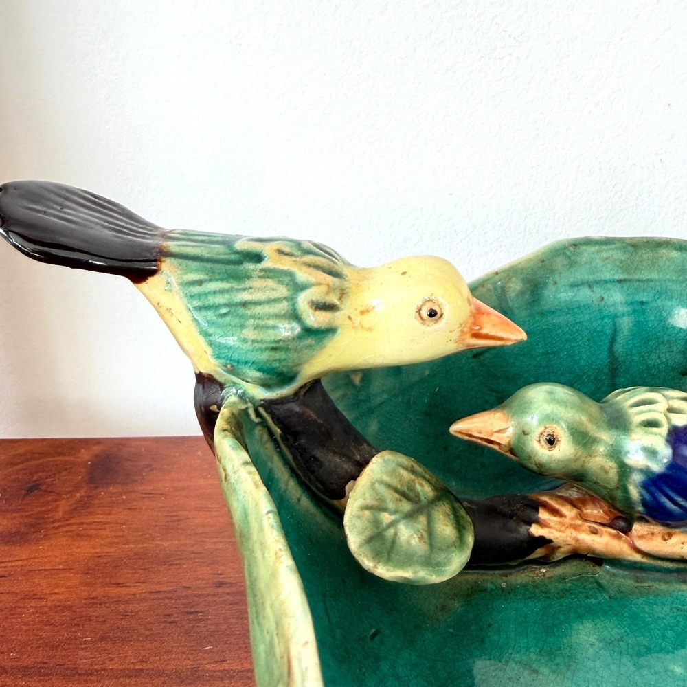 Vintage Artisan Ceramic Bird Bowl Teal Green Crackle Glaze Hand Painted Decor - Picture 3 of 12
